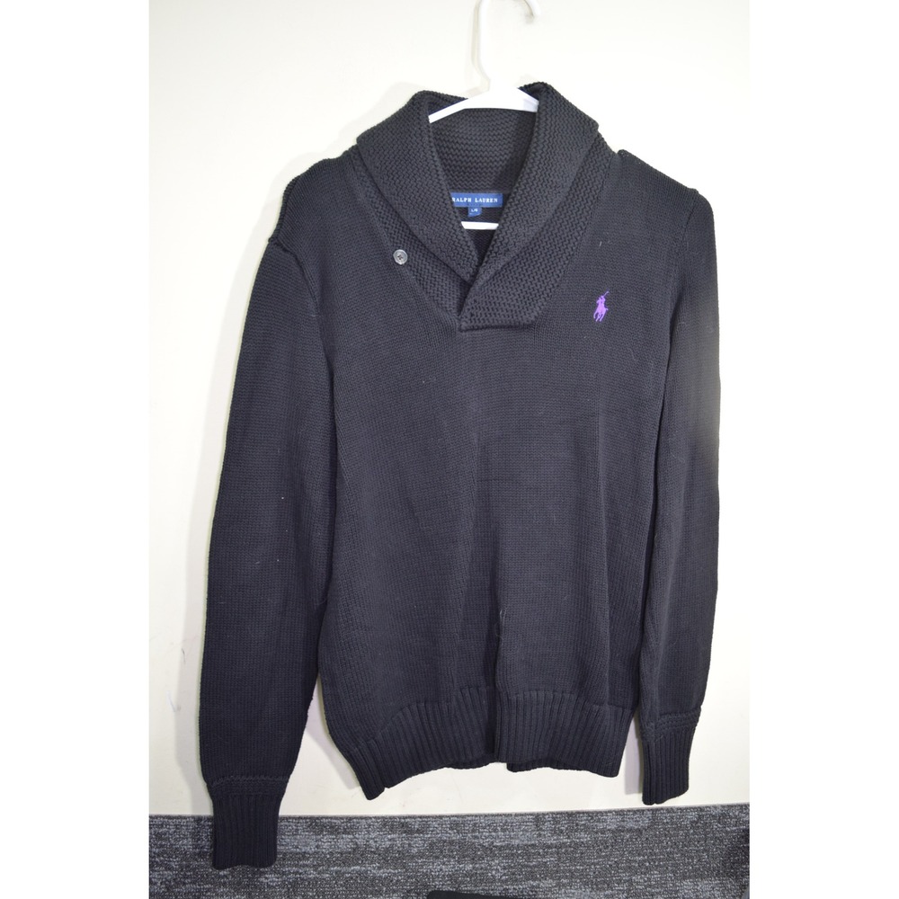 Ralph Lauren Mens Shawl Collar Sweater Black Cotton Knit Purple Pony Large